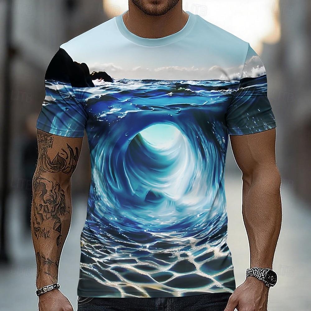 Men's Optical Illusion Ocean 3D T Shirt Short Sleeve T shirt 3D Print Crew Neck Shirt Exaggerated Designer Party Street Casual White Yellow Blue