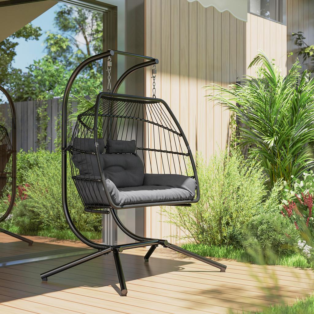 Rattan Double Hanging Egg Chair with Stand, Foldable Wicker Swing Egg Chair with Cushion, Head Pillows, Steel Frame, Hammock Chair for Indoor Outdoor