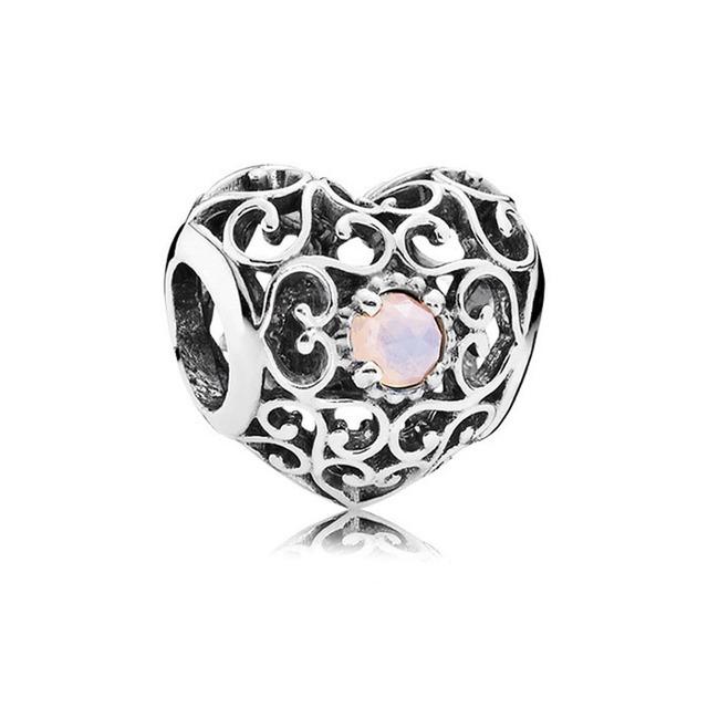New 12 Month Birthday Stone Heart Openwork Charm Diy Fine Beads Fit Original Charms Silver 925 Bracelet Jewelry F357
