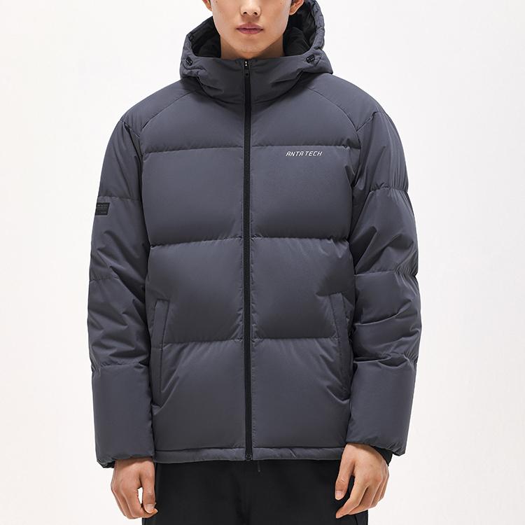 Anta Training Series Snow Shell Solid Color Zipper Hooded Down Jacket Men Outerwear Gray 952347902-4