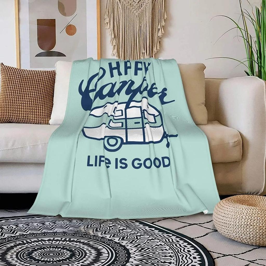 Soft Fleece Flannel Blanket Happy Camper Life Is Good Plush Throw Blanket for Couch Sofa Bed Adults Kids Blanket 80"x60"