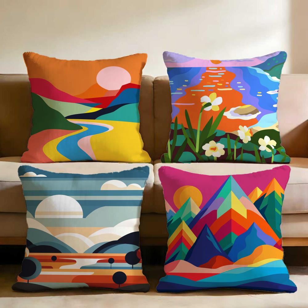 Colorful Geometric Landscape Cushion Cover Multi-Scene Pillow Cover for Home & Car - Reversible, Soft & Durable for Daily Use