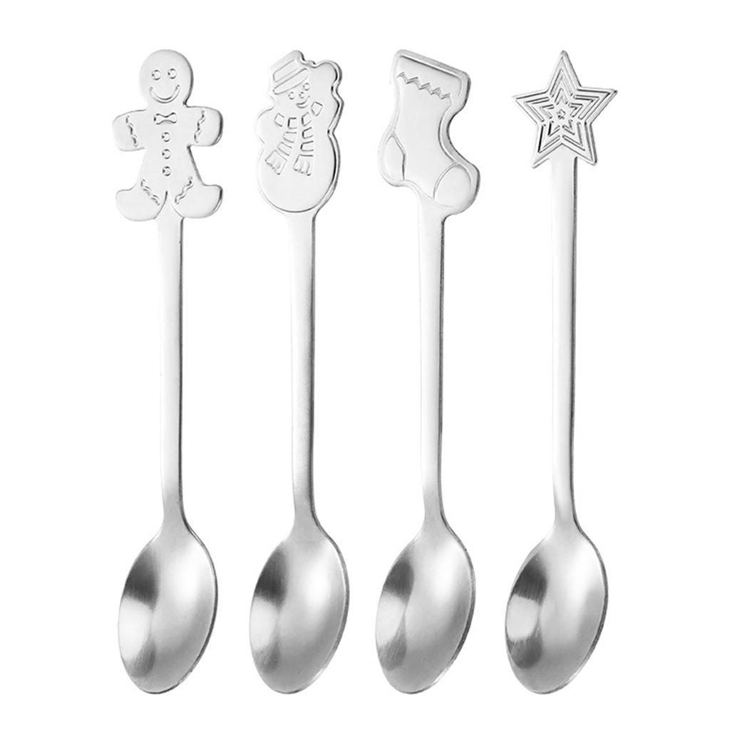 4pcs Dessert Spoon Xmas Cutlery Kits Food Grade Mirror Polished Stainless Cutlery Festival Fun Reunion Decoration For Christmas