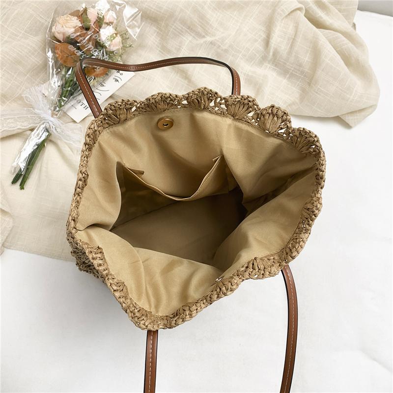 Handgewebte Strohtasche für Damen Sommer-Strandtasche mit Ledergriffen und Muschelmuster-Design