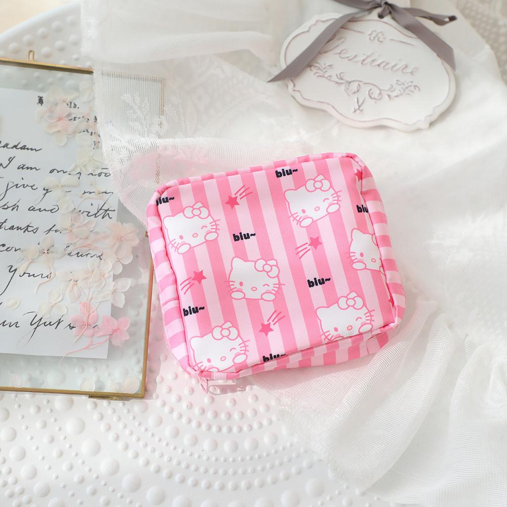 Vertical Stripes Pom Pom Purin Cartoon Travel Sanitary Napkin Bag For Use Women
