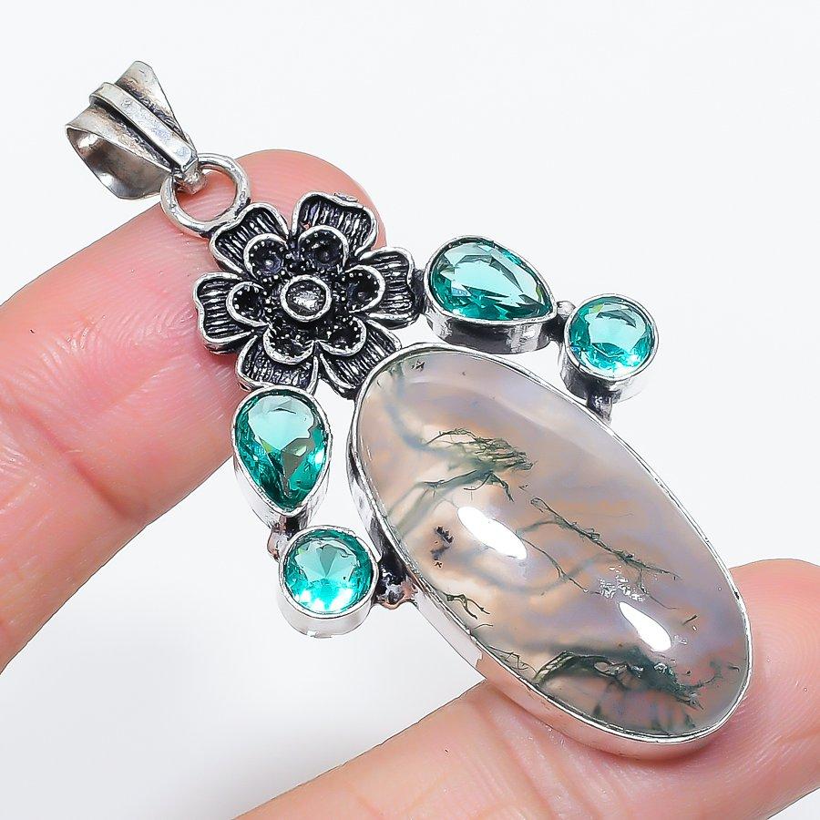 Natural Indian Moss Agate, Topaz 925 Sterling Silver Jewelry Pendant 2.56" Y8B64