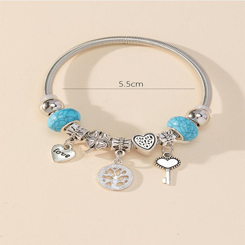 Handmade Beaded Bracelet With Heart Clover Key And Tree Of Life Pendant Charm Jewelry
