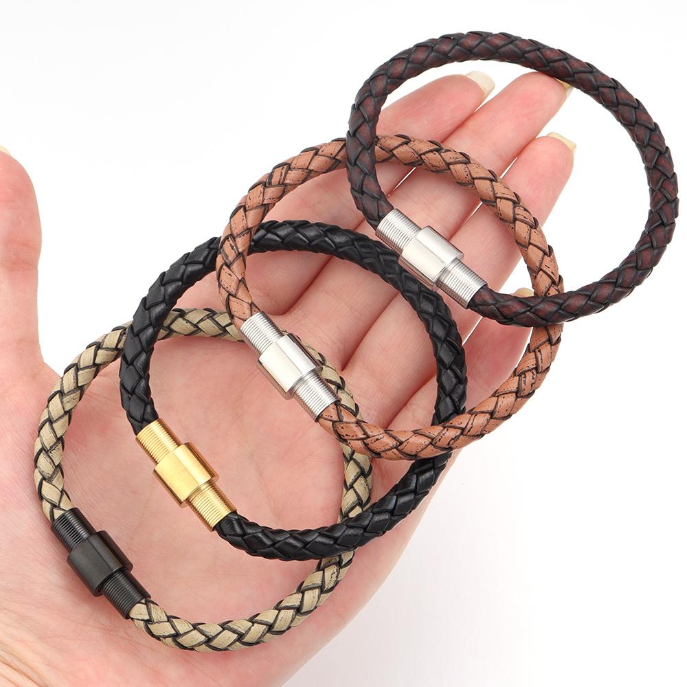 Vintage Leather Bracelet Stainless Steel Magnetic Clasp Braided Cord Rope For Men Fashion Design Simple Handmade Jewelry Gifts