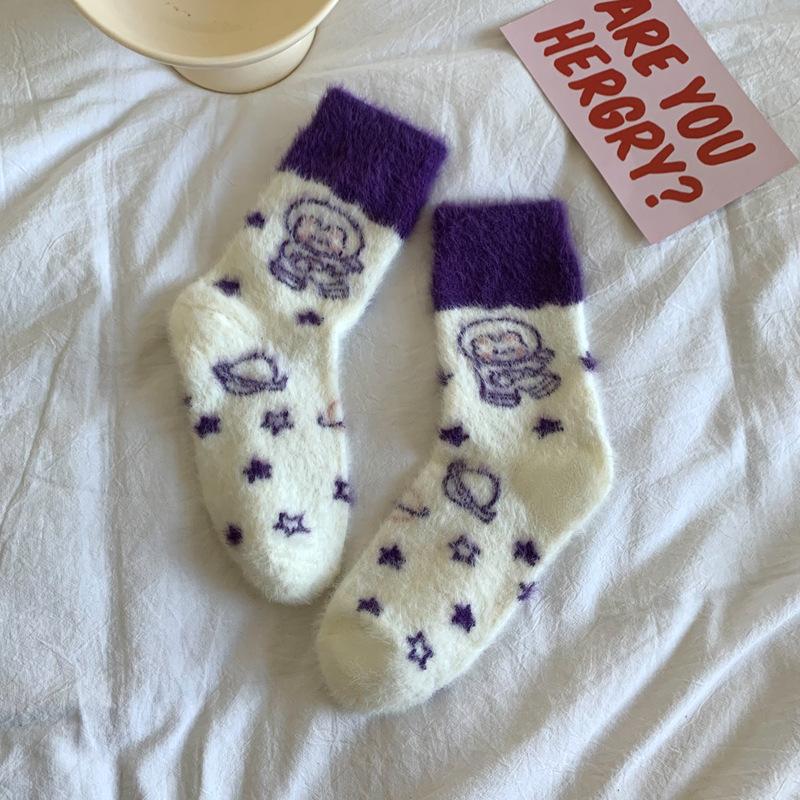 Cartoon Cute Socks Women'S Warm Mink Velvet Medium Tube Socks Autumn And Winter Fluffy Thickened Japanese Stacking Socks Women'S Socks Long