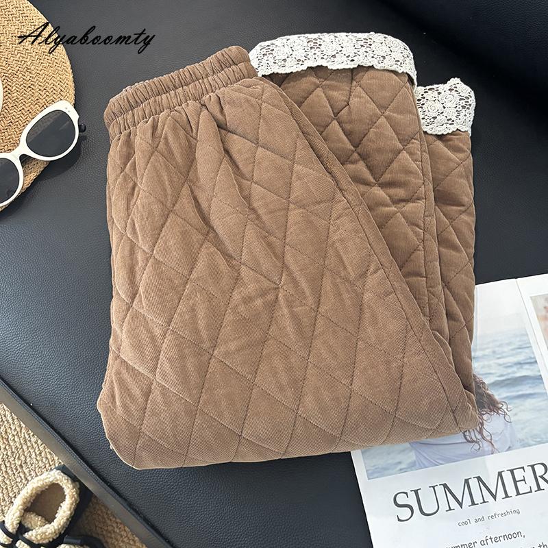 Plus Size Korean Fashion Autumn Winter Women Basic Pants High Waist Beige Brown Thick Warm Trousers Lace Patchwork Ladies' Harem Pants