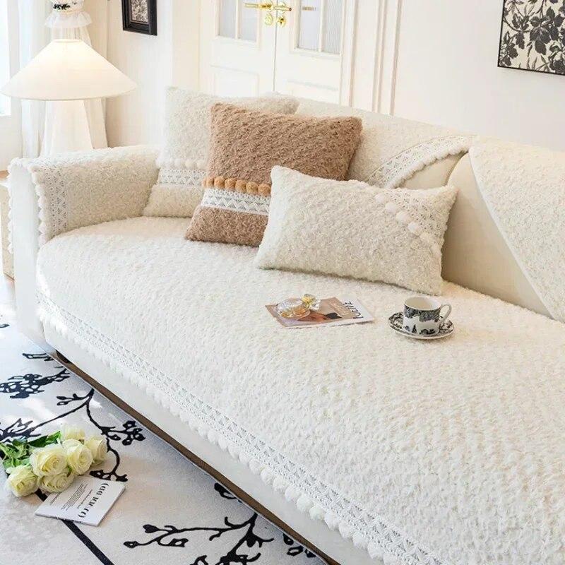 Cream Style Plush Sofa Mat Four Seasons Universal Anti Slip Seat Cushion Fur Ball Edge Autumn  Winter Leather Sofa Cover