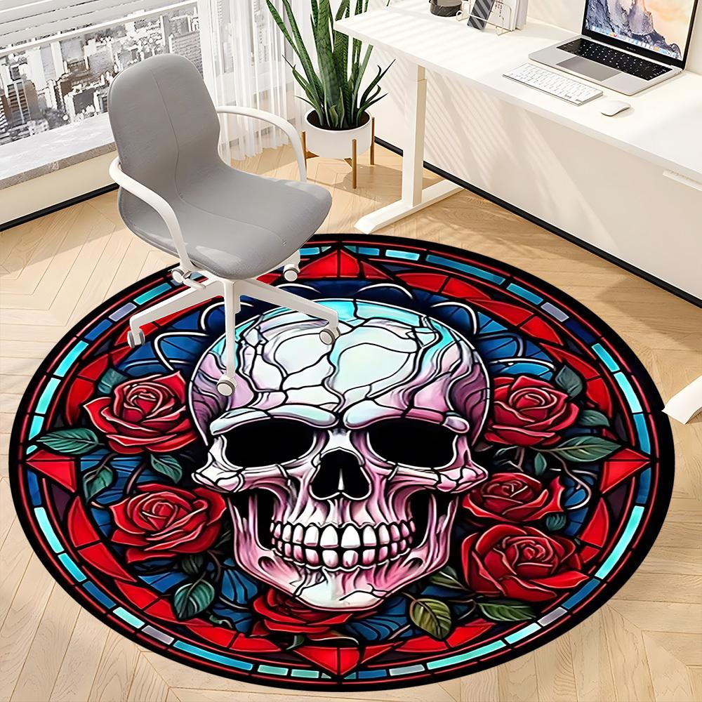 1PC Skull Rose Design Office Round Rug, Non slip, Soft and Durable Office Rug for Interior Decoration, Perfect for Office