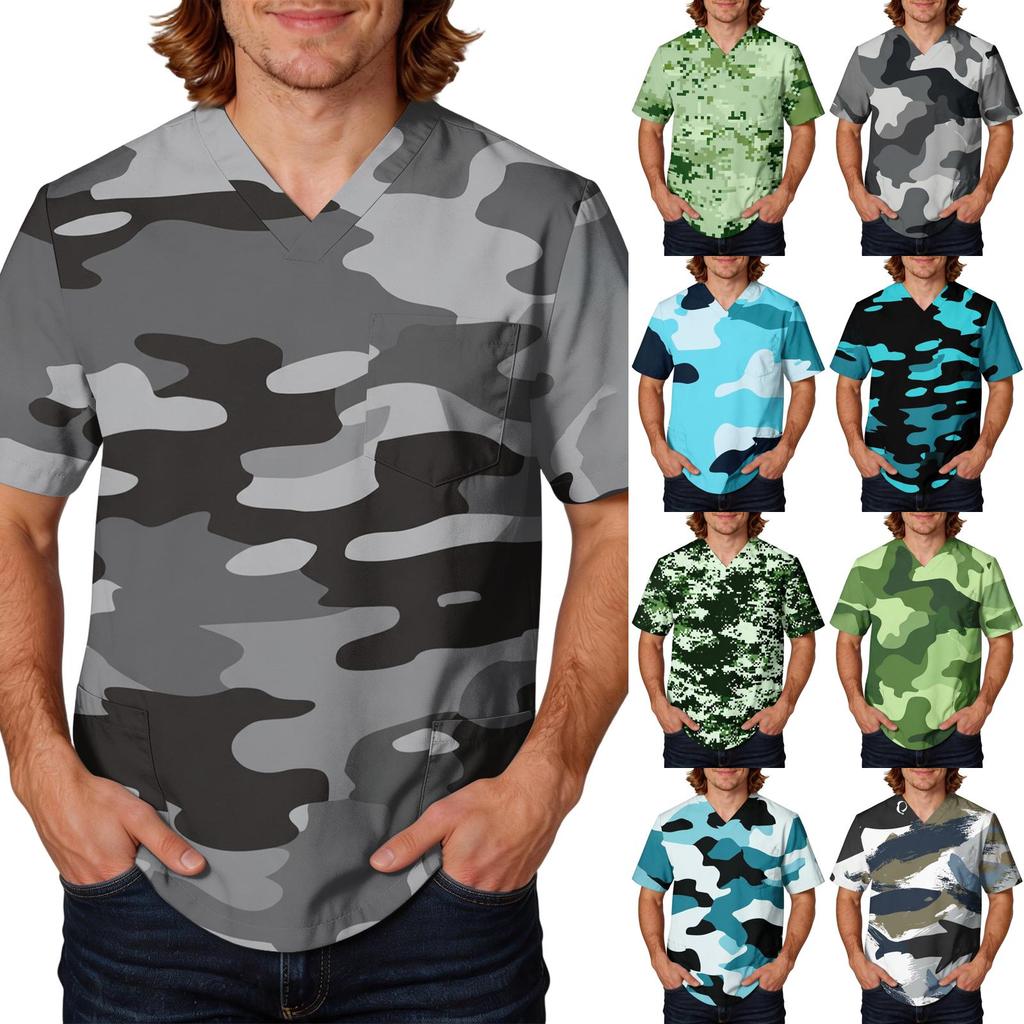 Mens Short Sleeve V Neck Scrub Top Camouflage Printed Pullover Uniform Shirt with Chest Pocket for