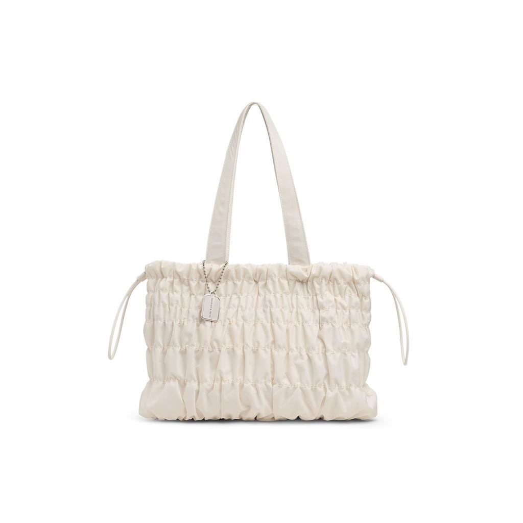 Charles & Keith Drawstring Capacity Pleated Tote Bag Soft Cloud Bag Shoulder Bag Large Women tote bags Cream Black CK2-30271558-1