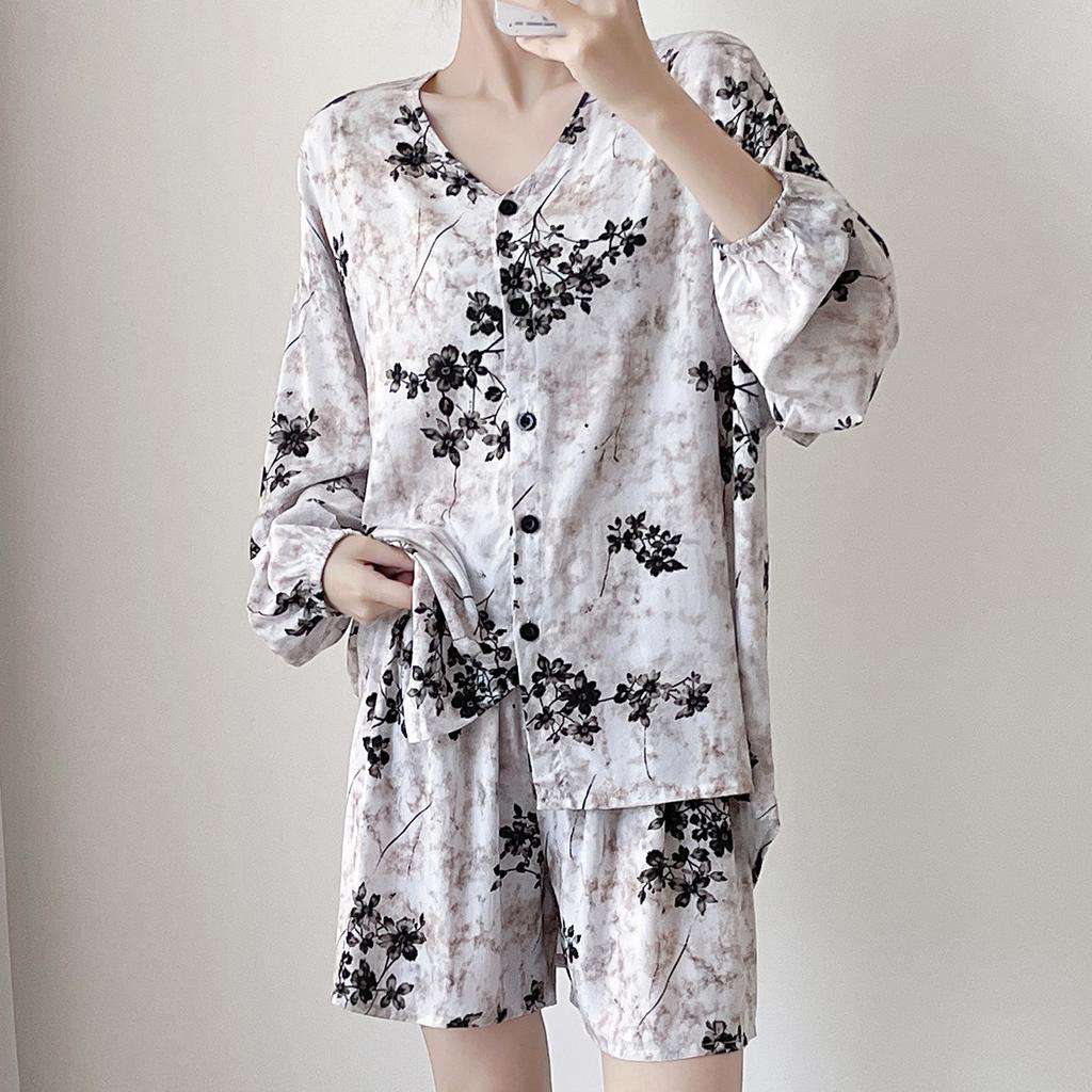 Slack Cotton and Silk Pajamas Women's Summer Cardigan Loungewear Set Can Be Worn Outside Loose Long-sleeved Shorts Sunscreen Two-piece Set