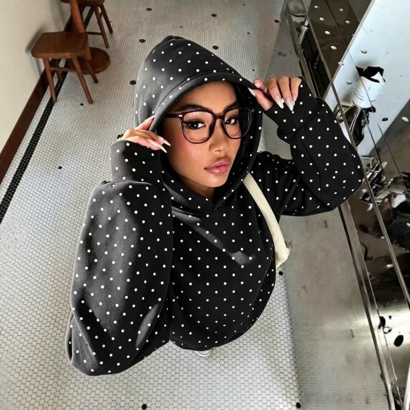Women S Loose Fit Polka Dot Print Hooded Sweatshirt