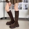 Winter Platform Punk Style Woman Knee High Boot Concise Slip On Elastic Slim Shoes Ladies Thick Bottom Knight Long Booties