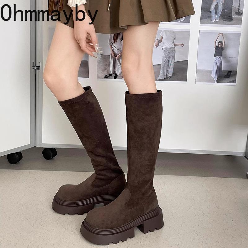 Winter Platform Punk Style Woman Knee High Boot Concise Slip On Elastic Slim Shoes Ladies Thick Bottom Knight Long Booties