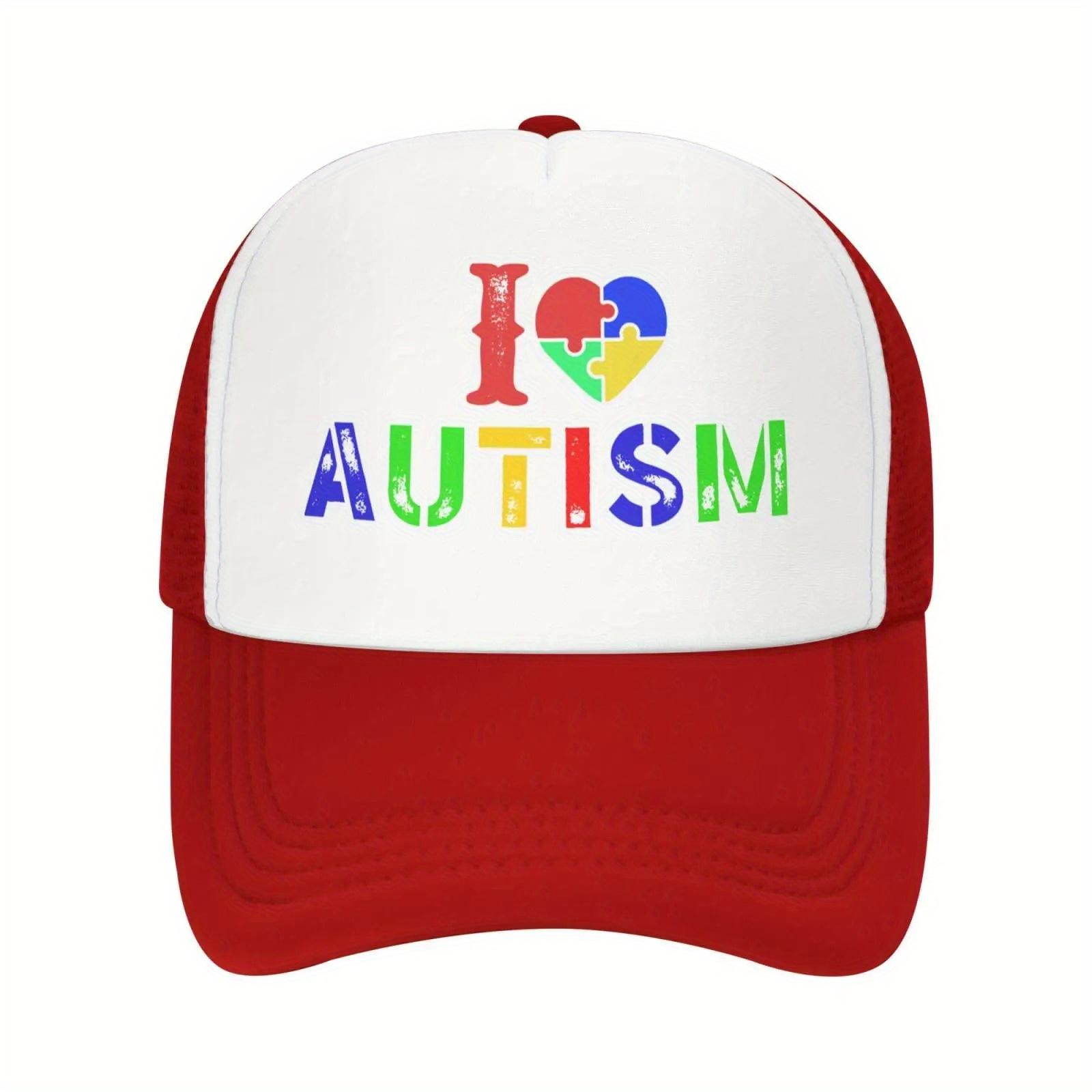 

Autism Awareness Puzzle Heart Trucker Hat Adjustable Polyester Mesh Baseball Cap Casual Unisex One Size
