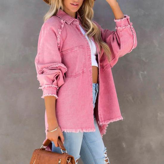 Giacca da donna in denim Colletto rovesciato Distress Orlo con frange Bottone Tasca grande Lavato Tinta unita Cappotto oversize da donna di media lunghezza oversize Lavato