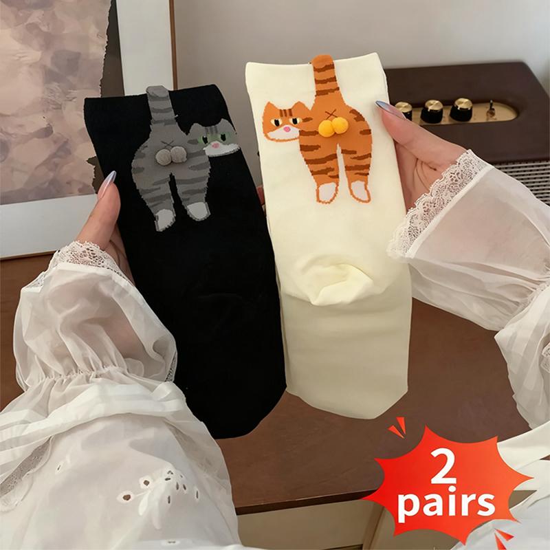 1/2 Pair Socks Funny Abstract 3D Cat Butt Mid-Tube Socks Cartoon Quirky Cotton Socks Cat Egg Floor Sock for Cute Girls Sock Gift