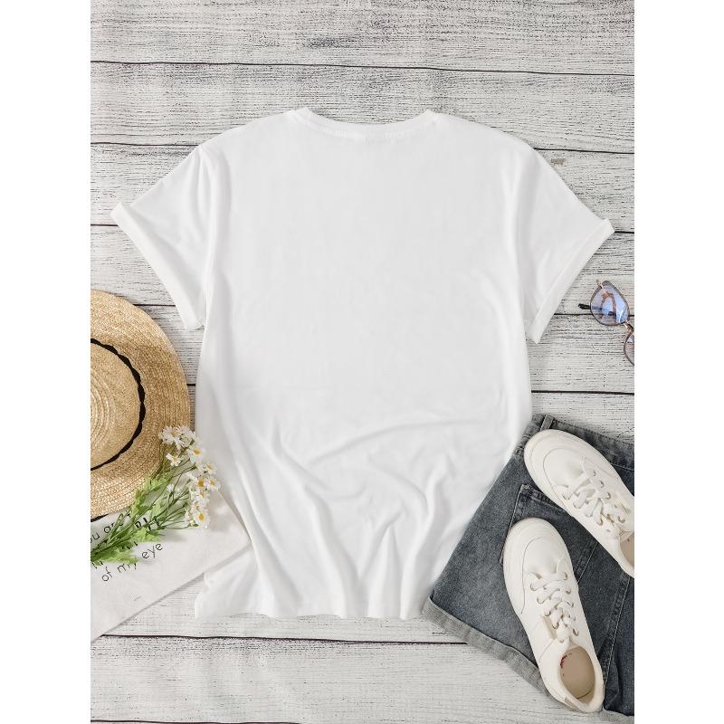 European Size Plus Size, Women's Chic White T-Shirt with Red Heart Print - Casual Crew Neck, Short Sleeve Top, Perfect for Spring & Summer