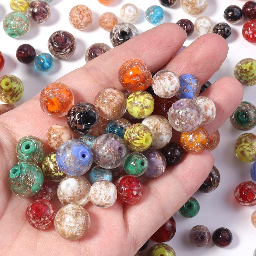 10pcs 8/10/12mm Lampwork Beads Colorful Golden Sand Glass Round Loose Beads For Jewelry Making DIY Bracelet Earrings Accessories