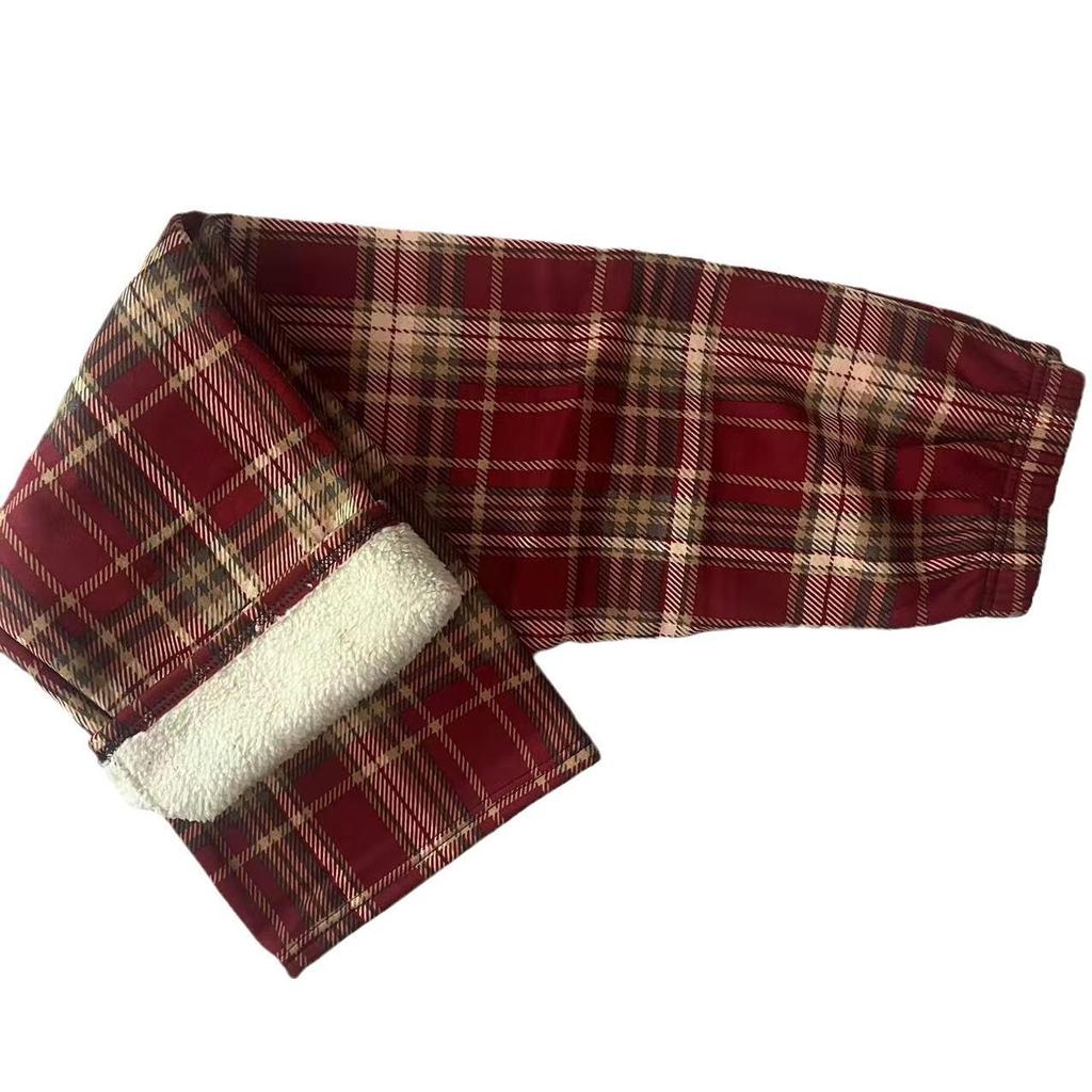 Spodnie zimowe w kratę z podszewką z polaru w panterkę, z wysokim stanem i szerokimi nogawkami