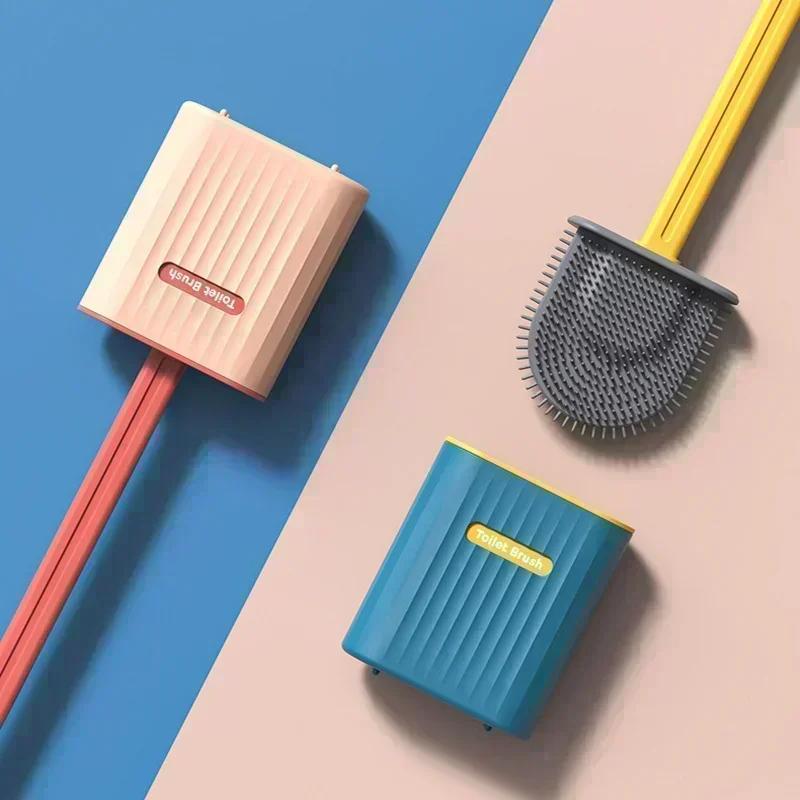 Wall Mounted Toilet Brush Silicone Flat Brush Head Cleaner Brush Set Bathroom Toilet Cleaning Brush With Quick Drying Holder