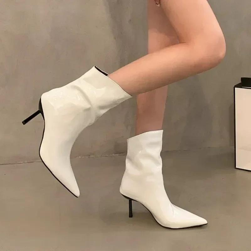 Escarpins à Talons Hauts en Cuir Verni Rouge pour Femme Automne Sexy Bout Pointu Bottines pour Femme Couleur Unie Simples Chaussures Stiletto Zapatos