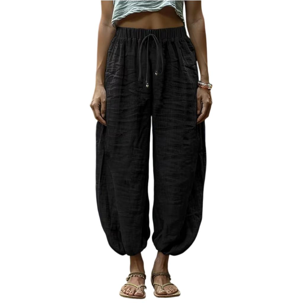 Women's Fashionable Color Casual Elastic Waistband Drawstring Pocket Loose Pants