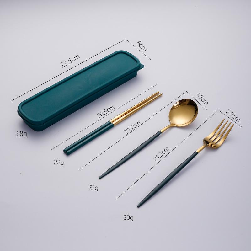 

Посуда из нержавеющей стали. Удобная студенческая ложка, вилка, палочки для еды, подарочный набор из трех предметов. 3set золотой/зелёный
