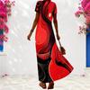 Women Plus Size Abstract Printed Red Black V Neck Short Sleeve Long Dress