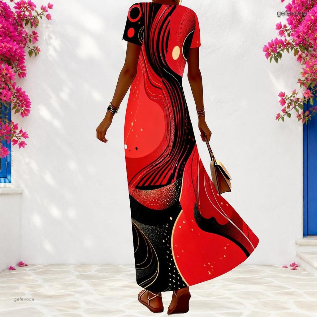 Women Plus Size Abstract Printed Red Black V Neck Short Sleeve Long Dress