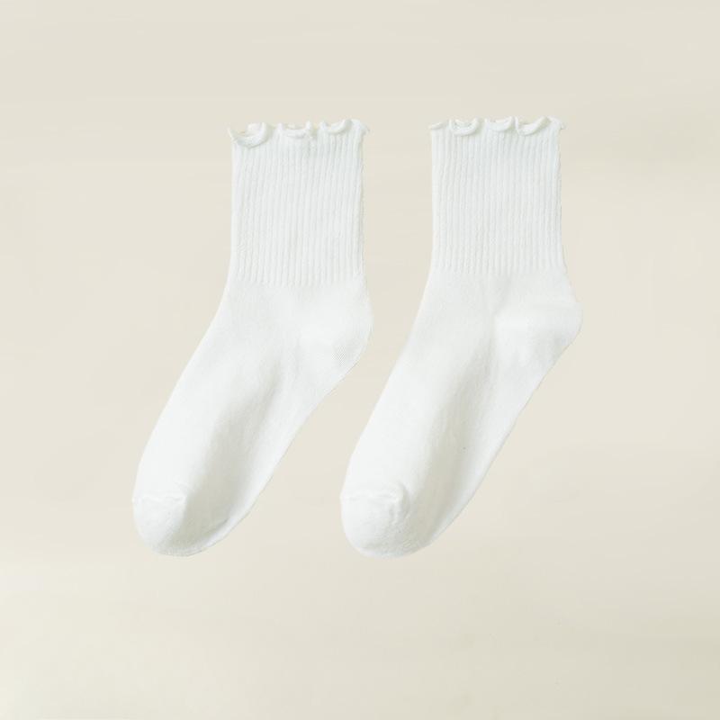 10 Pairs of Female Autumn Solid Color Wooden Ear Edge In The Tube Pile Socks