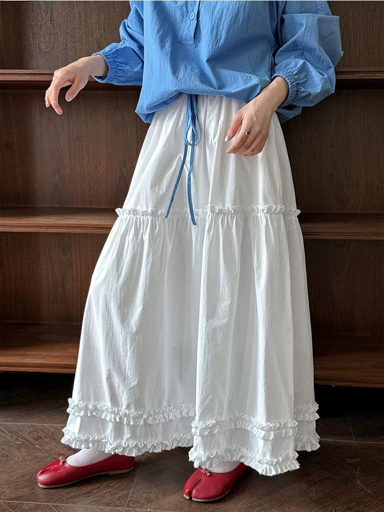 Spring 2026 High Waist Patchwork Wood Ear Ruffle Korean Style Long Cake Skirt
