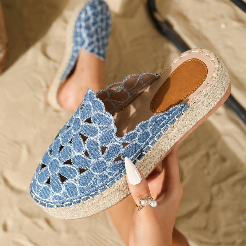 Fashion Size 36 41 Flat Shoes Female Slippers Women Summer Slides Fretwork Hemp Thick Heels Loafers Cover Toe Sandals Sandalias De Mujer
