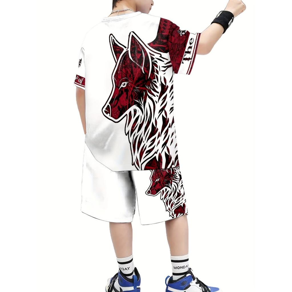 The 2025 Summer New Boys' Fashionable 3D Printed Casual Pullovers, Short Sleeves and Shorts Outdoor Set