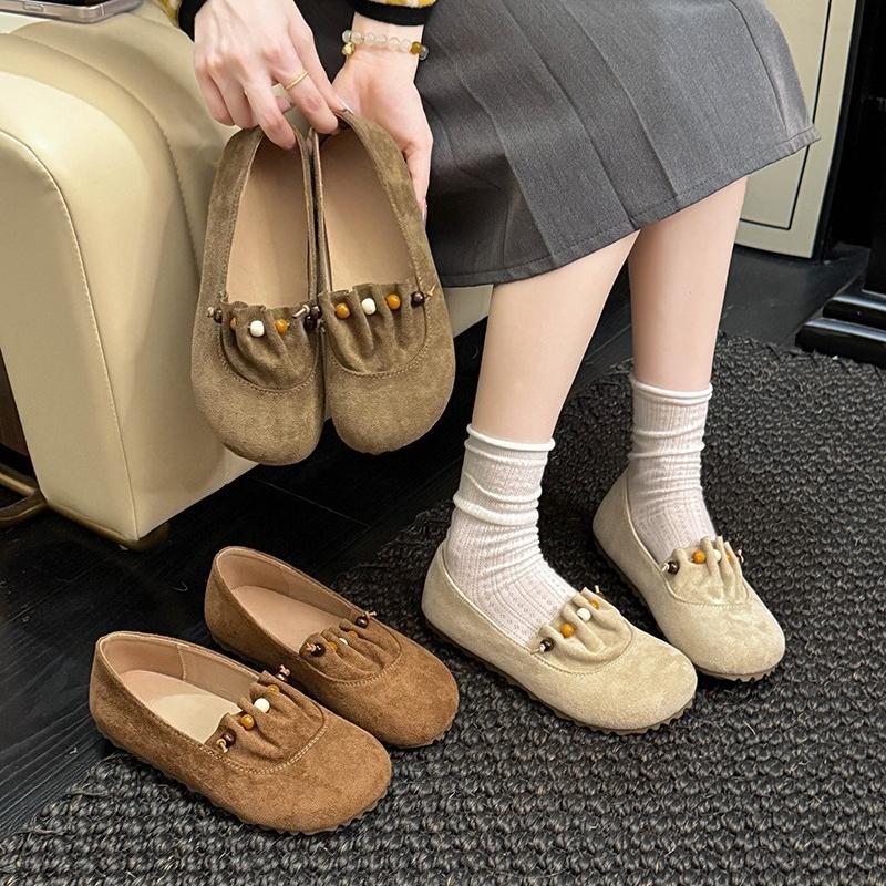 Fashion Slip-on Suede Single Shoes Autumn New Round Toe Shallow Mouth Pleated Non-slip Wear-resistant Flat Shoes