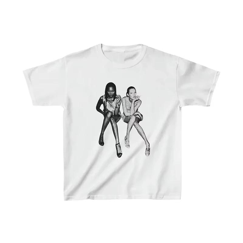 Kate Moss i Naomi Campbell After Party Damska Letnia Koszulka z Krótkim Rękawem w Stylu Vintage Inspirowana Celebrytami Estetyka Pinterest T-shirt