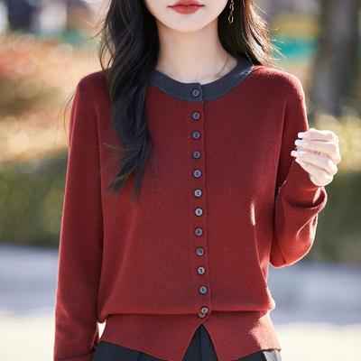 Round Neck Color Block Knit Cardigan - Women's Short Sweater for Spring & Autumn