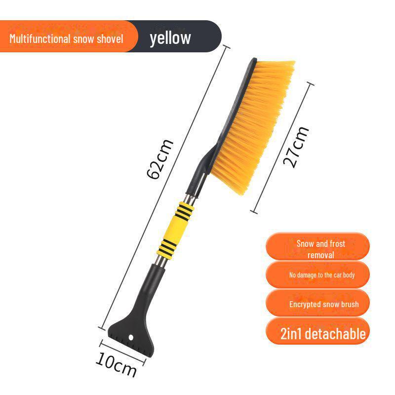 Multi-functional snow removal tool: long-handle snow shovel, scraper, and brush for winter. Efficiently defrosts without damaging car.