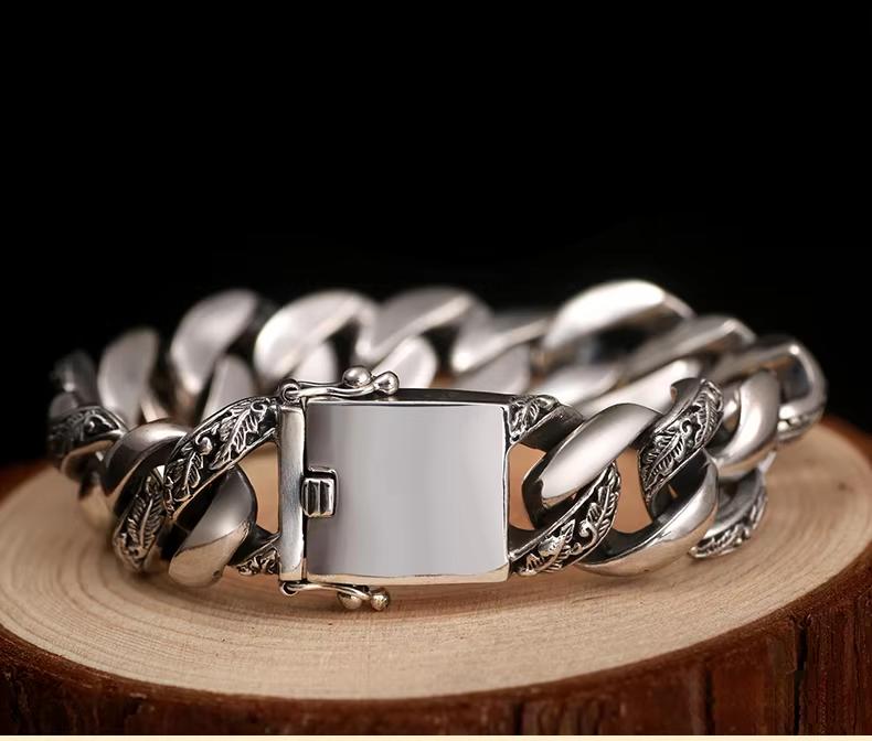 

Ethnic Style 15MM Wide Bracelet S925 Sterling Silver Retro Simple Bracelet for Men Riding Motorcycle Charm Jewelry Gift 22cm