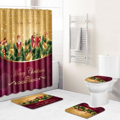 Christmas Bathroom Shower Curtain Four-Piece Floor Mat Toilet Non-Slip Door Mat Bedroom Living Room Absorbent Carpet