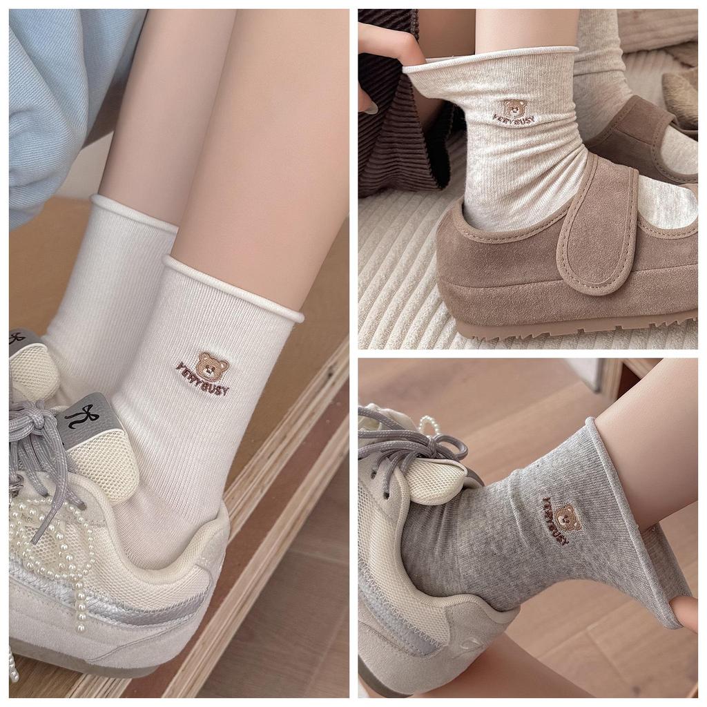 2025 Spring/Fall Women's Mid-Calf Cartoon Bear Pile Socks - Retro College Style, Warm and Rolled Edge