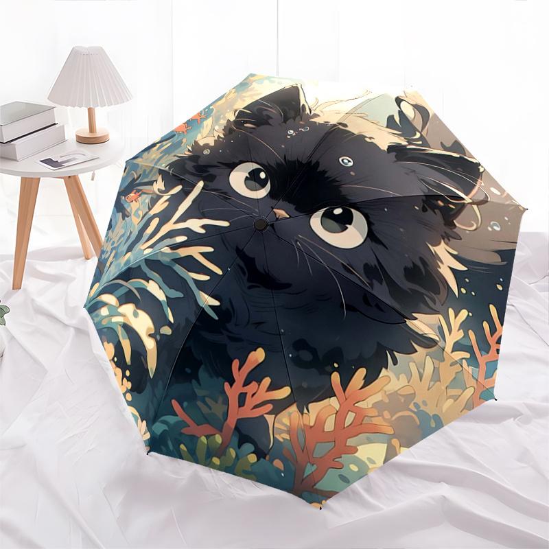 1pc Temperamental Black Cat Automatic Practical Umbrella Design, Cute Cartoon Pattern, Portable Outdoor Umbrella, Perfect P093