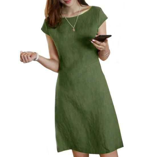 Women Summer Dress Round Neck Short Sleeve Pure Color V-shaped Back Zipper A-line Slim Fit Above Knee Length Daily Commute Mini Dress
