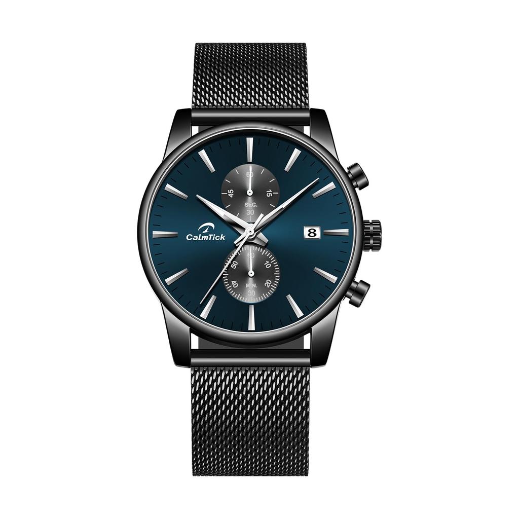 CalmTick Men’s Watch, Large Dial, Quartz, Date Display, Waterproof, Luminous Hands, Chronograph, Simple Fashion, Dark Green/Black, Stainless Steel
