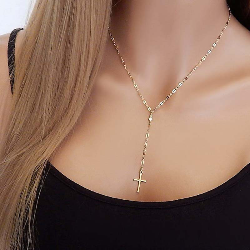

Vintage Gold Color Cross Pendant Necklaces for Women Girls Simple Metal Clavicle Chain Charm Necklace Zircon Gifts