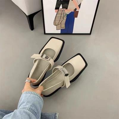 Mary Janes mit eckiger Spitze, Damen Herbst neu, leichter Ausschnitt, dicker Absatz, Retro Einzelne Schuhe